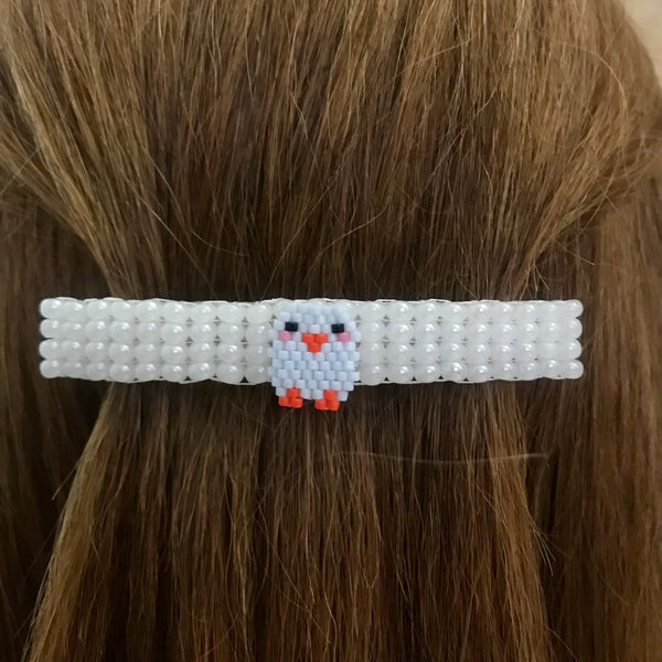 Easter Chick Beaded White French Barrette For Long Hair. 80mm