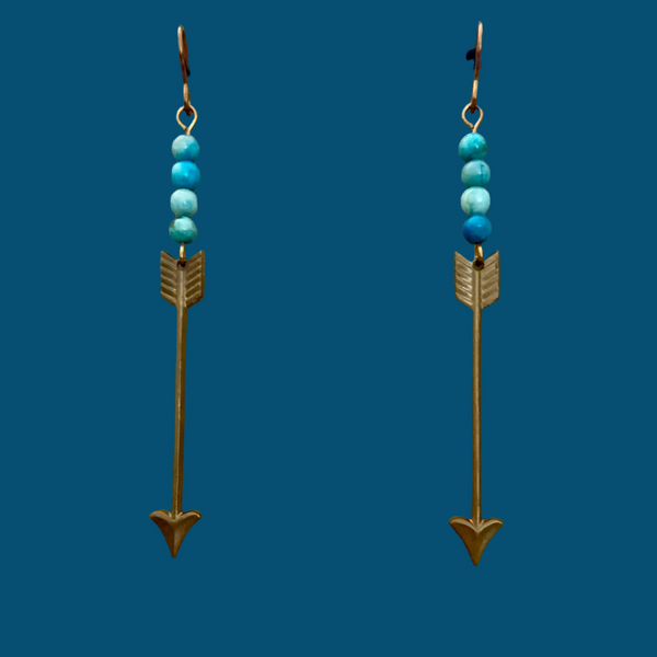 Brass Arrow Long Earrings With Blue Bead Accent