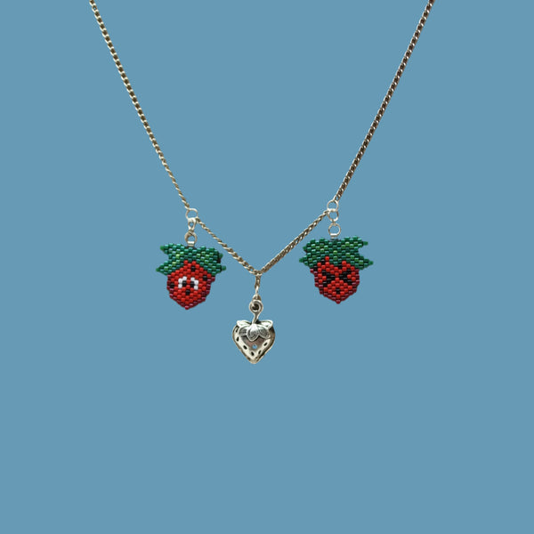 Strawberries With Expressions, Artisan Hand Beaded Necklace With Adjustable Chain