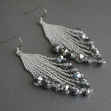 Long Silver Beaded Elegant Dangle Earrings