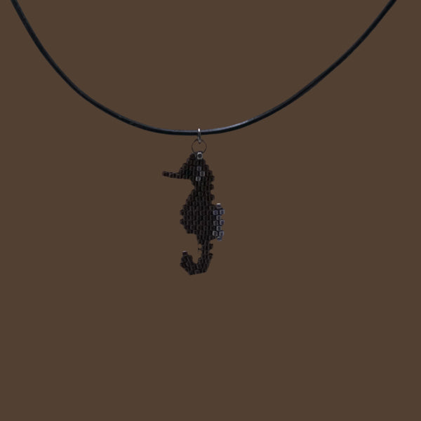 Hand Beaded Seahorse Necklace On Adjustable Black Leather Cord