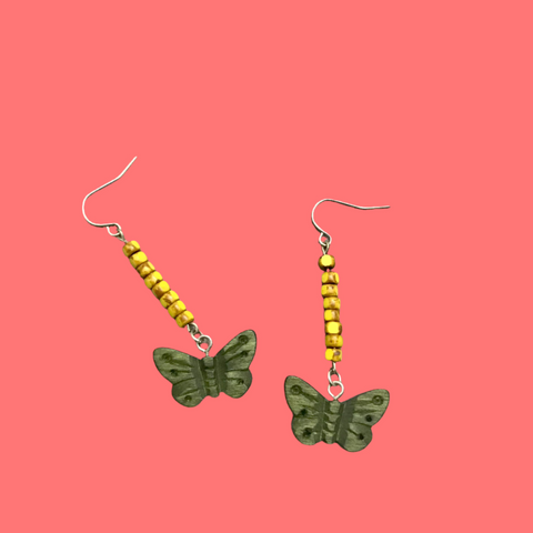 Green Butterfly Dangle Earrings With Yellow Accent Beads