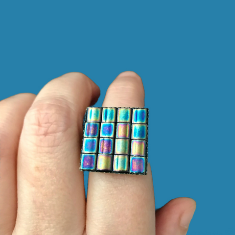 Metallic Emerald Rainbow Tila Square Adjustable Ring