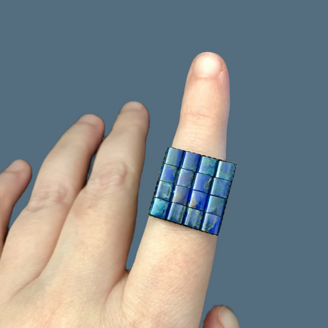 Dark Blue Square Adjustable Antiqued Bronze Color Ring