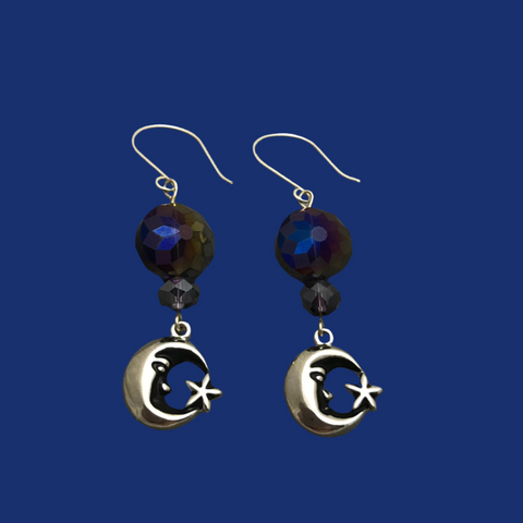 Half Moon With Star Purple Dangle Earrings